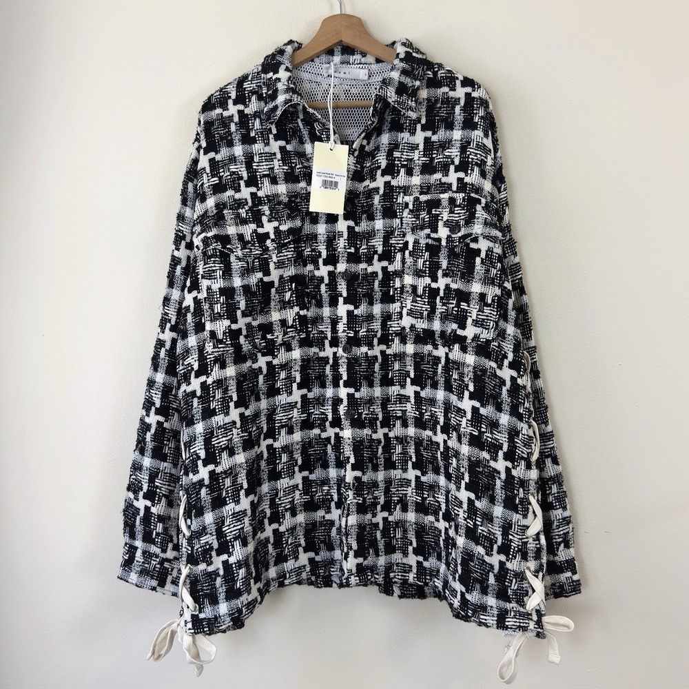 NWT Women's MNML Woven Tweed Laced Black White Shirt Jacket Coat - Large